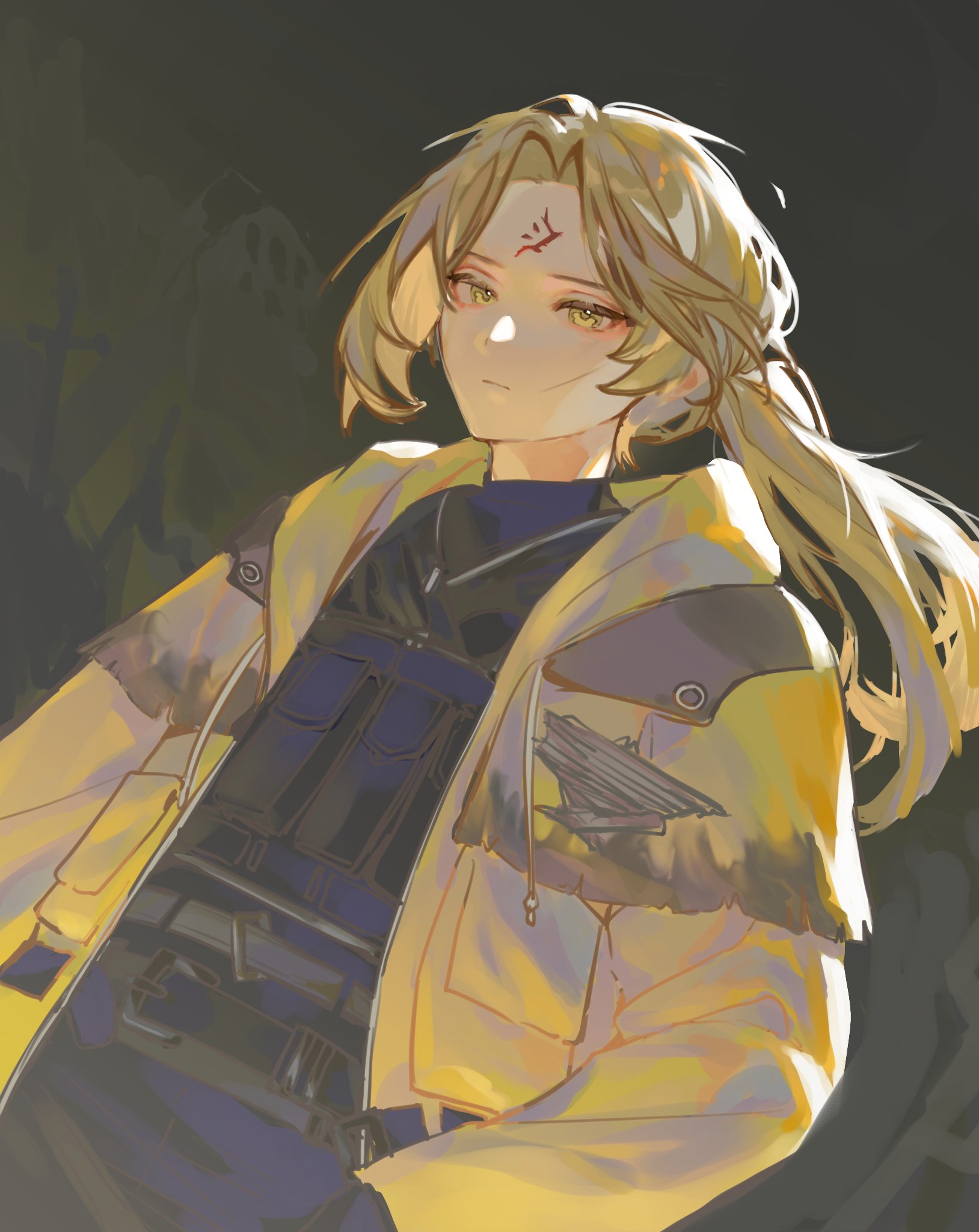 a certain sinclair (project moon), sinclair (project moon), project moon, commentary, highres, korean commentary, spoilers, 1boy, aged up, belt, black belt, blonde hair, closed mouth, coat, curtained hair, dhlrhkrwnals, facial mark, forehead mark, green coat, long hair, looking at viewer, male focus, parted bangs, scar, scar on face, serious, simple background, yellow eyes