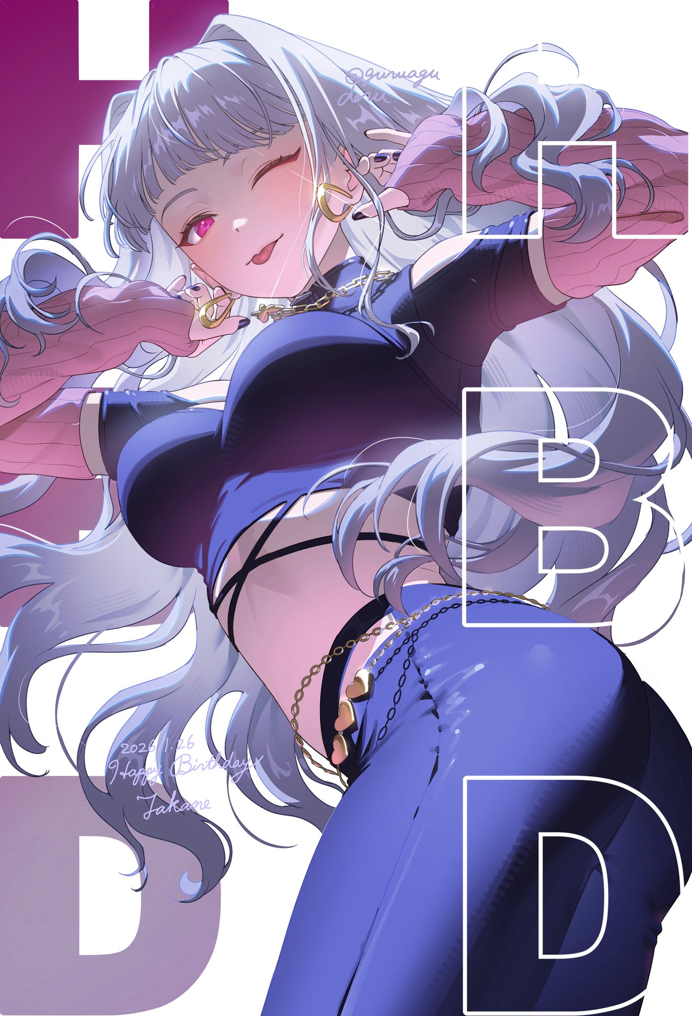 mimizubare, shijou takane, idolmaster, idolmaster (classic), idolmaster million live!, idolmaster million live! theater days, highres, 1girl, ;p, arm warmers, ass, birthday, black nails, black pants, breasts, butterfly necklace, chain, chain necklace, character name, dated, earrings, fingernails, from below, from side, grey hair, happy birthday, hip-hop woman (idolmaster), hoop earrings, jewelry, large breasts, long hair, looking at viewer, looking to the side, nail polish, necklace, official alternate costume, one eye closed, pants, pink eyes, solo, standing, tongue, tongue out, twitter username