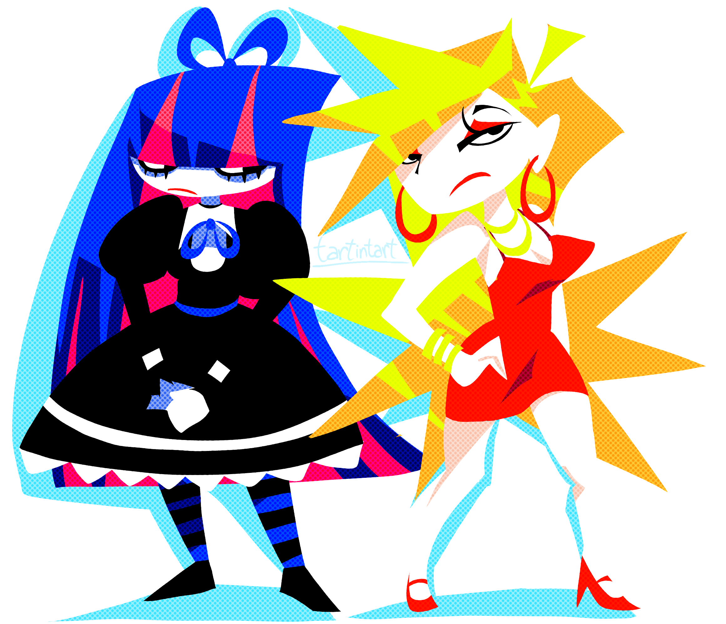 panty (psg), stocking (psg), panty & stocking with garterbelt, highres, 2girls, abstract, ahoge, bags under eyes, blonde hair, blue hair, blue ribbon, bow, bracelet, breasts, cleavage, colored skin, dress, eyeshadow, gothic lolita, hair bow, high heels, holding own hand, jewelry, lace trim, lolita fashion, looking at another, looking at viewer, makeup, multicolored hair, multiple girls, necklace, pink streaks, puffy sleeves, red dress, red eyeshadow, red shoes, ribbon, shoes, siblings, sisters, streaked hair, striped clothes, striped thighhighs, tartintart, thighhighs, white background, white skin