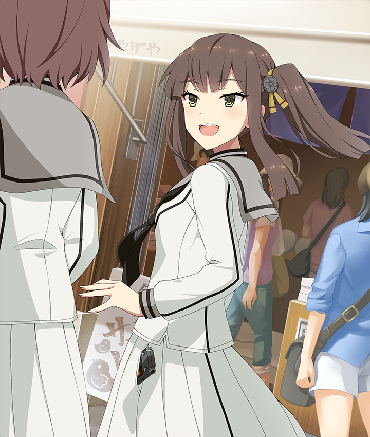 toji no miko, toji no miko: kizamishi issen no tomoshibi, game cg, official art, third-party source, 6+girls, :d, ayanokouji martial arts school uniform, bag, black bag, black neckerchief, blue shirt, blunt ends, breasts, brown bag, brown hair, dot nose, double-parted bangs, dress, dutch angle, green eyes, green pants, grey sailor collar, hair ornament, hair ribbon, handbag, indoors, long hair, long sleeves, looking at another, machine, multiple girls, neckerchief, open mouth, pants, purple shirt, railing, red shirt, ribbon, sailor collar, school uniform, serafuku, shirt, short hair, shorts, side ponytail, sidelocks, small breasts, smile, suzumoto hana, white dress, white serafuku, white shirt, white shorts, yellow ribbon