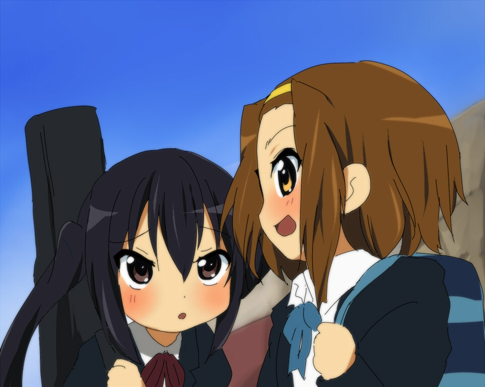 agenasu, nakano azusa, tainaka ritsu, k-on!, 2girls, bag, black hair, brown eyes, brown hair, guitar case, hairband, instrument case, multiple girls, school uniform, short hair, twintails