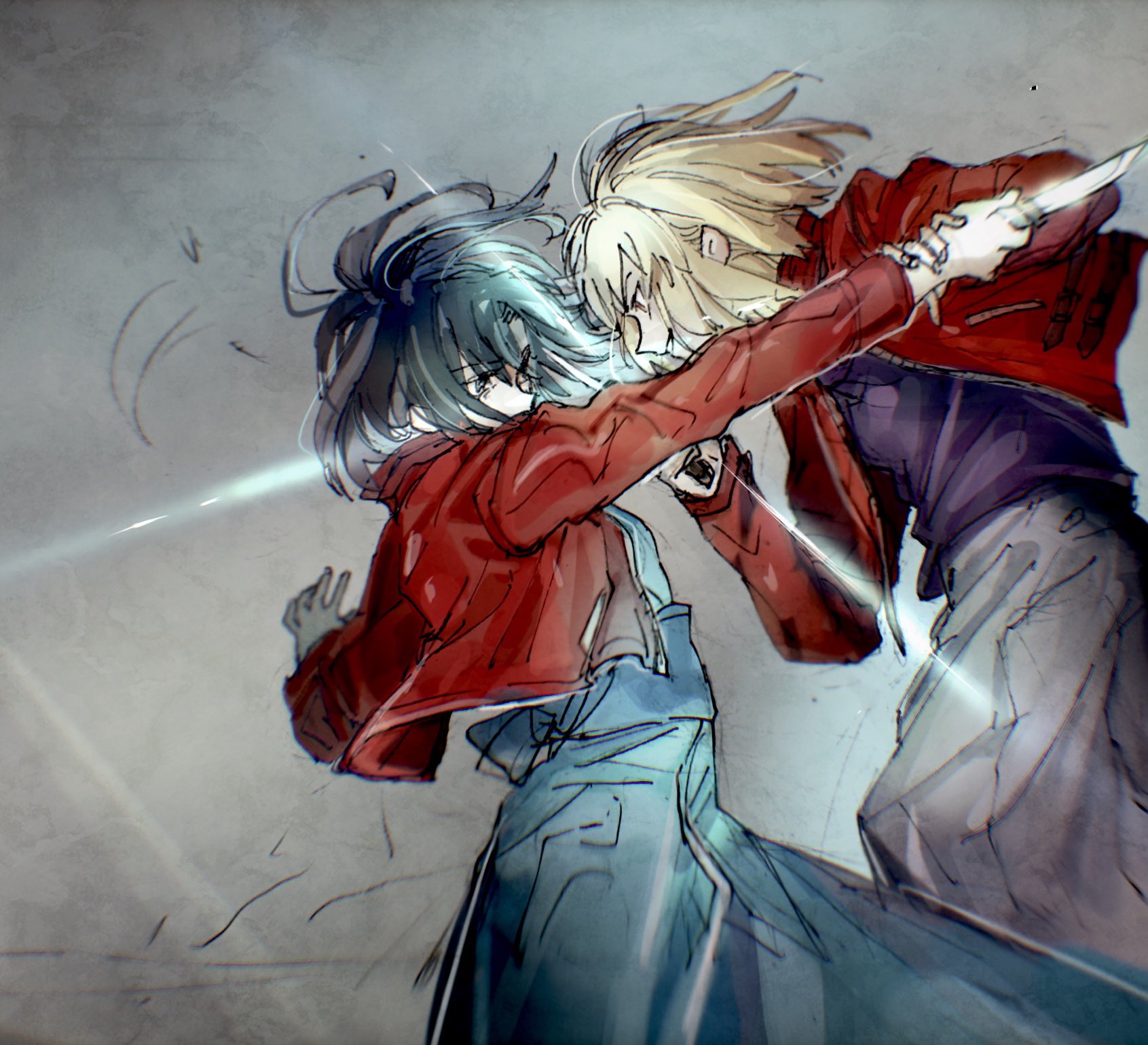 doku denpa (blue killer), ryougi shiki, shirazumi lio, kara no kyoukai, highres, 1boy, 1girl, attack, battle, black eyes, black hair, blonde hair, crossdressing, crossdressing (mtf), evil smile, fighting, floating clothes, floating hair, grabbing another's arm, grey skirt, holding, holding knife, jacket, japanese clothes, kimono, knife, long skirt, open clothes, open jacket, purple shirt, red jacket, shirt, sidelocks, skirt, sksk sn09, smile