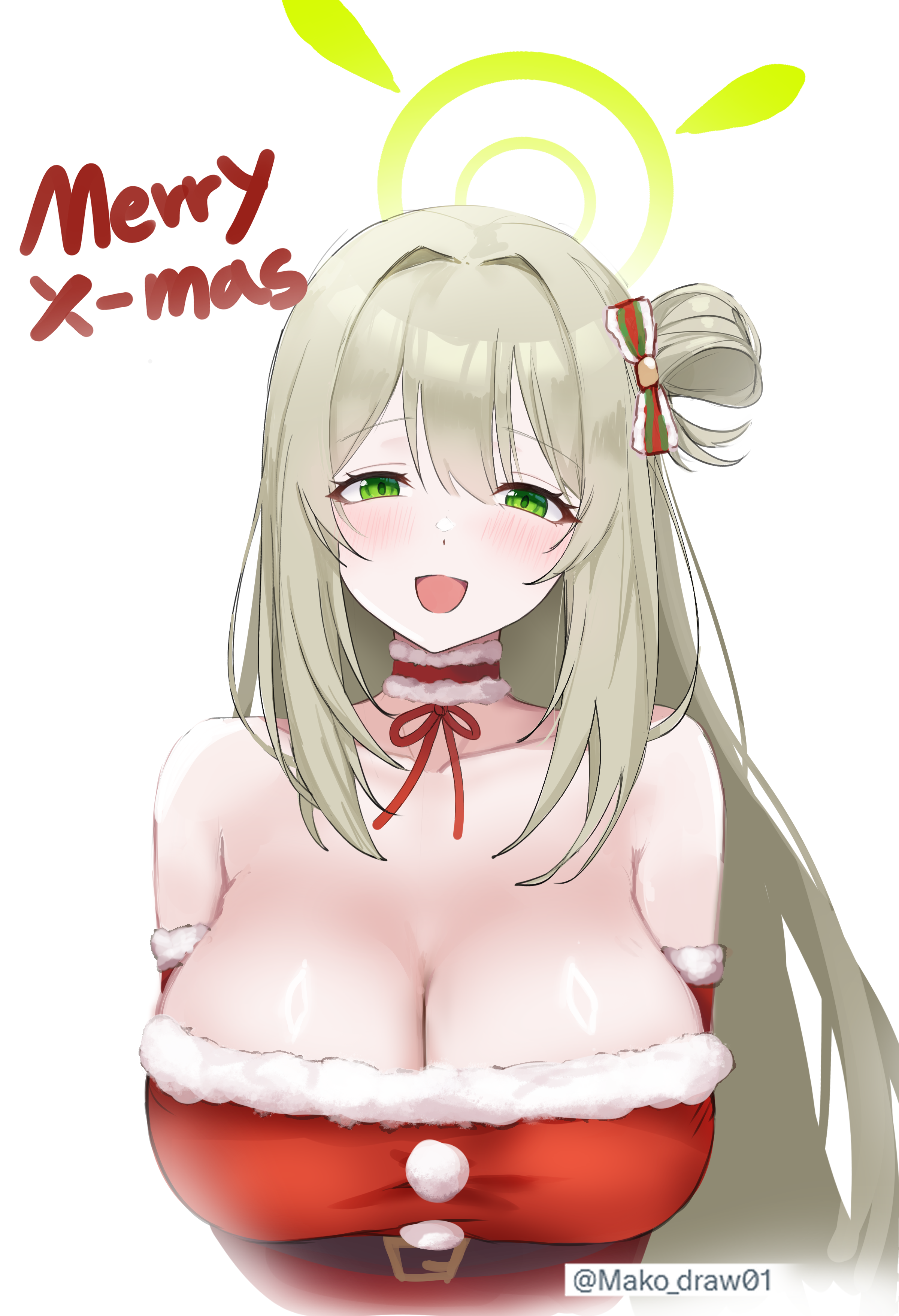 mako draw01, nonomi (blue archive), blue archive, absurdres, commentary request, highres, korean commentary, 1girl, :d, alternate costume, bare shoulders, belt, black belt, blush, bow, breasts, choker, christmas, cleavage, collarbone, detached sleeves, dress, fur-trimmed choker, fur-trimmed dress, fur trim, green eyes, green halo, grey hair, hair between eyes, hair bow, hair intakes, halo, large breasts, long hair, looking at viewer, merry christmas, neck ribbon, one side up, open mouth, pom pom (clothes), red choker, red dress, red ribbon, ribbon, santa costume, sidelocks, simple background, smile, solo, strapless, strapless dress, twitter username, upper body, very long hair, white background