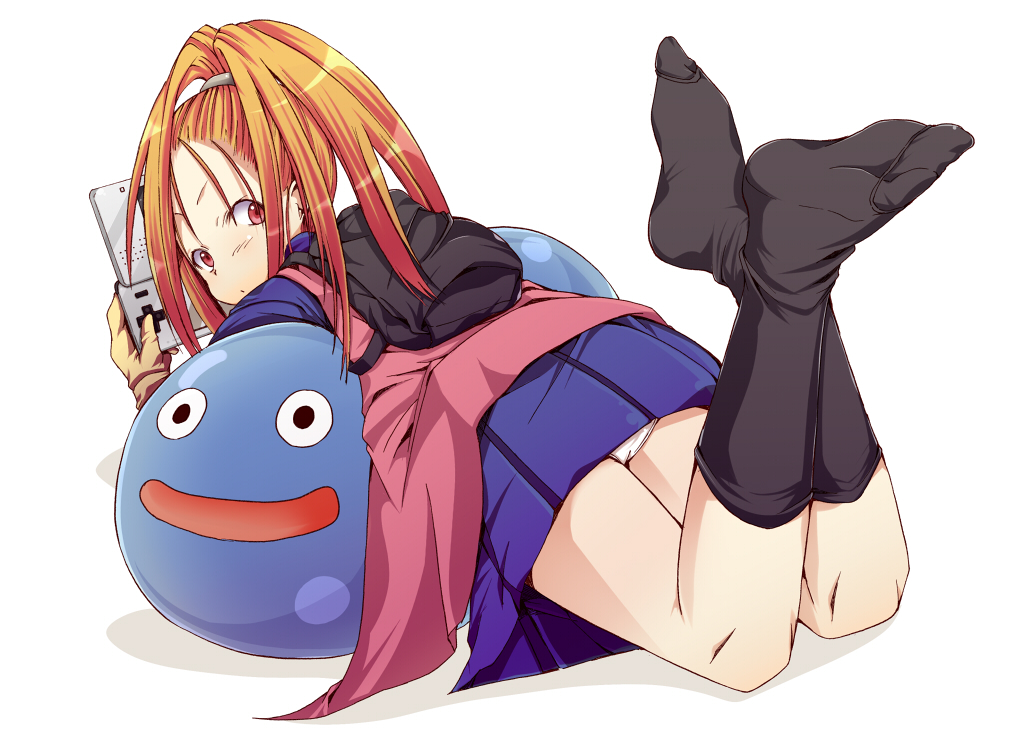 pipa, slime (dragon quest), dragon quest, dragon quest vi, bad id, bad pixiv id, 1girl, backpack, bag, feet, female focus, forehead, gloves, handheld game console, high ponytail, long hair, looking back, lying, nintendo ds, no shoes, on stomach, orange hair, panties, ponytail, randoseru, red eyes, skirt, slime (creature), socks, solo, the pose, underwear, varbara (dq6)