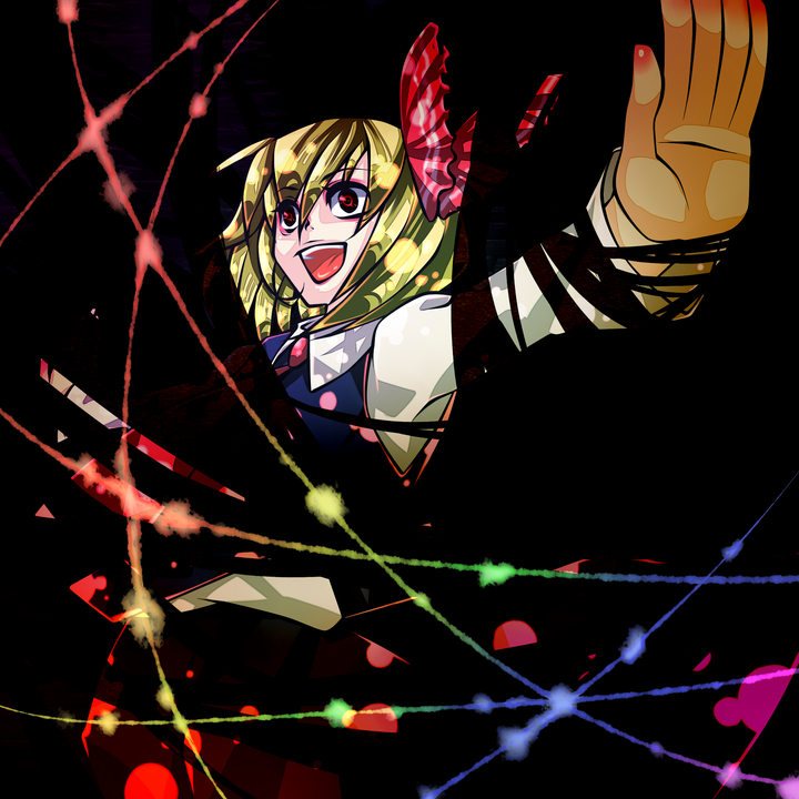 discharge cycle, tobi (discharge cycle), rumia, embodiment of scarlet devil, touhou, 1girl, blonde hair, crazy, darkness, female focus, hair ribbon, open mouth, outstretched arms, outstretched hand, red eyes, ribbon, short hair, smile, solo, spread arms