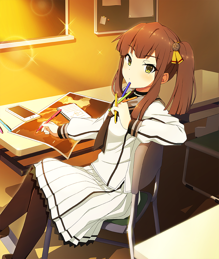 toji no miko, toji no miko: kizamishi issen no tomoshibi, game cg, official art, third-party source, 1girl, ayanokouji martial arts school uniform, black pantyhose, blunt bangs, breasts, brown hair, cellphone, chair, chalkboard, classroom, closed mouth, dappled sunlight, desk, dot nose, double-parted bangs, evening, feet out of frame, from side, green eyes, grey sailor collar, hair ornament, hair ribbon, holding, holding pen, indoors, lens flare, long hair, long sidelocks, long sleeves, looking at viewer, map, notepad, on chair, pantyhose, pen, phone, ribbon, sailor collar, school desk, school uniform, shirt, side ponytail, sidelocks, sitting, skirt, small breasts, smartphone, solo, sparkle, sunlight, suzumoto hana, white shirt, white skirt, yellow ribbon