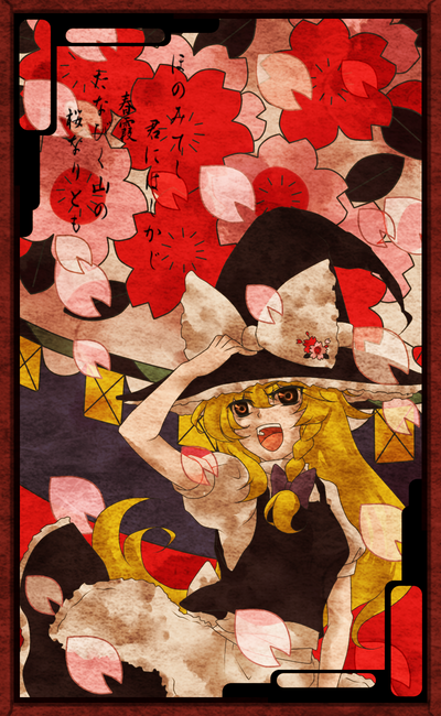discharge cycle, tobi (discharge cycle), kirisame marisa, m.u.g.e.n, touhou, translation request, 1girl, blonde hair, bow, braid, female focus, hair bow, hanafuda, hat, long hair, poem, solo, witch, witch hat