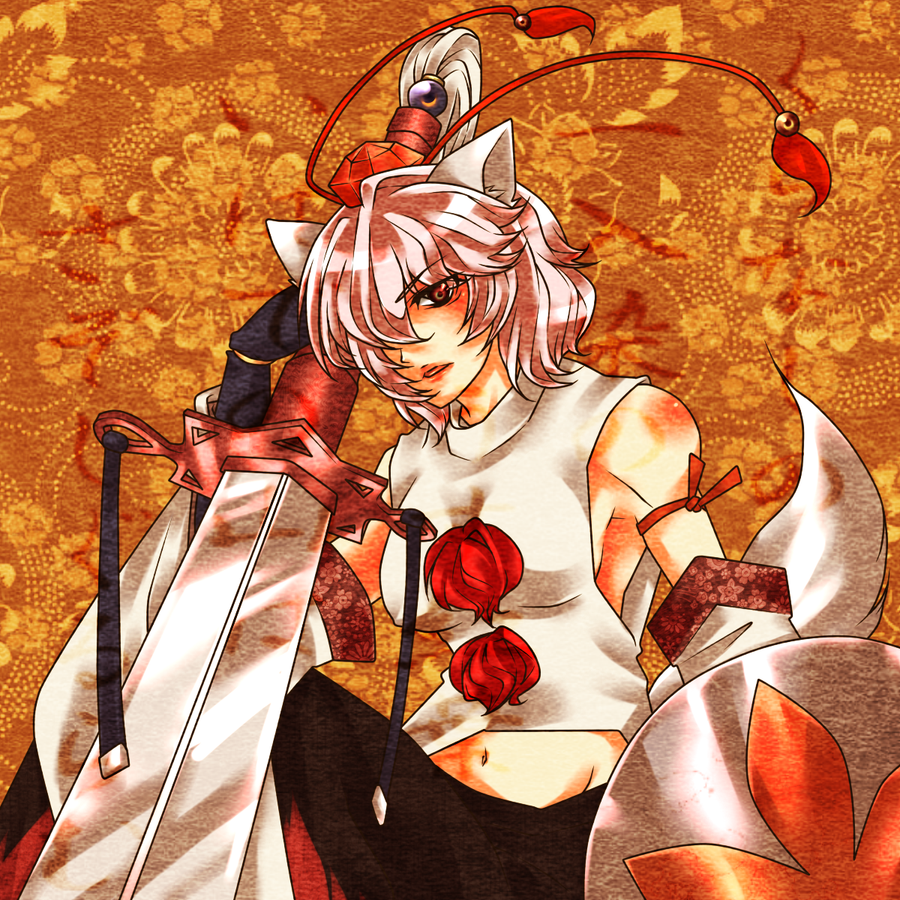 discharge cycle, tobi (discharge cycle), inubashiri momiji, touhou, 1girl, animal ears, detached sleeves, female focus, hair over one eye, hat, midriff, red eyes, shield, short hair, solo, sword, tail, tokin hat, weapon, white hair, wolf ears, wolf tail