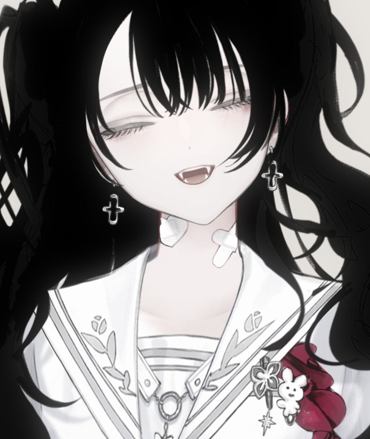 ukai saki, kanaut nishe, original, highres, 1girl, bandaid, black hair, closed eyes, cross, cross earrings, earrings, fangs, jewelry, long hair, open mouth, sailor collar, school uniform, serafuku, sidelocks, smile, solo, white serafuku