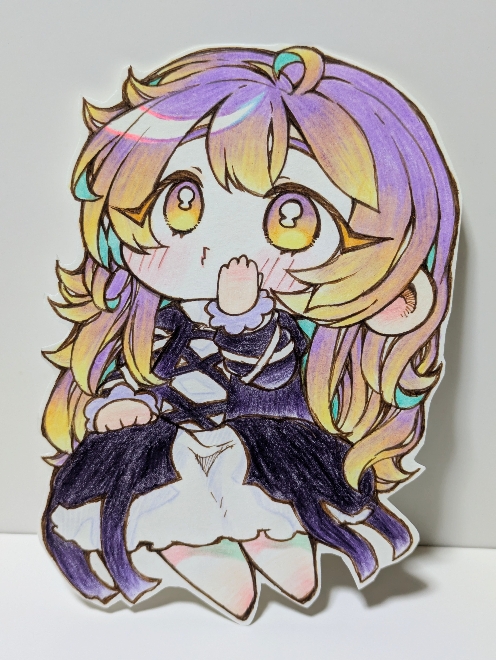 karyuu (raoz), hijiri byakuren, touhou, colored pencil (medium), traditional media, barefoot, blonde hair, chibi, cross-laced clothes, cross-laced sleeves, dress, gradient hair, hand on own face, layered dress, long hair, long sleeves, looking up, multicolored hair, purple hair, yellow eyes