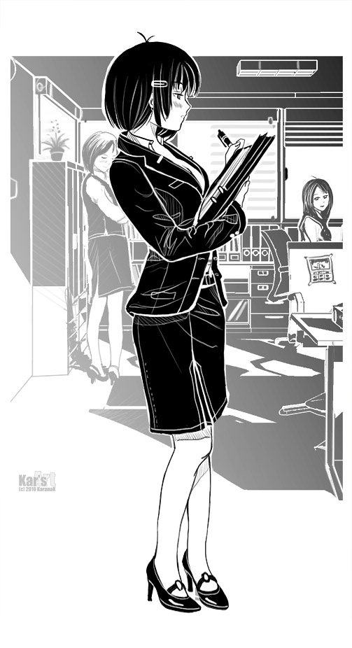 karanak, original, 3girls, binder, blazer, brown hair, female focus, formal clothes, full body, greyscale, hair ornament, hairclip, high heels, indoors, jacket, monochrome, multiple girls, office lady, pen, pencil skirt, plant, profile, shoes, short hair, side slit, skirt, skirt suit, solo focus, standing, suit, teacher