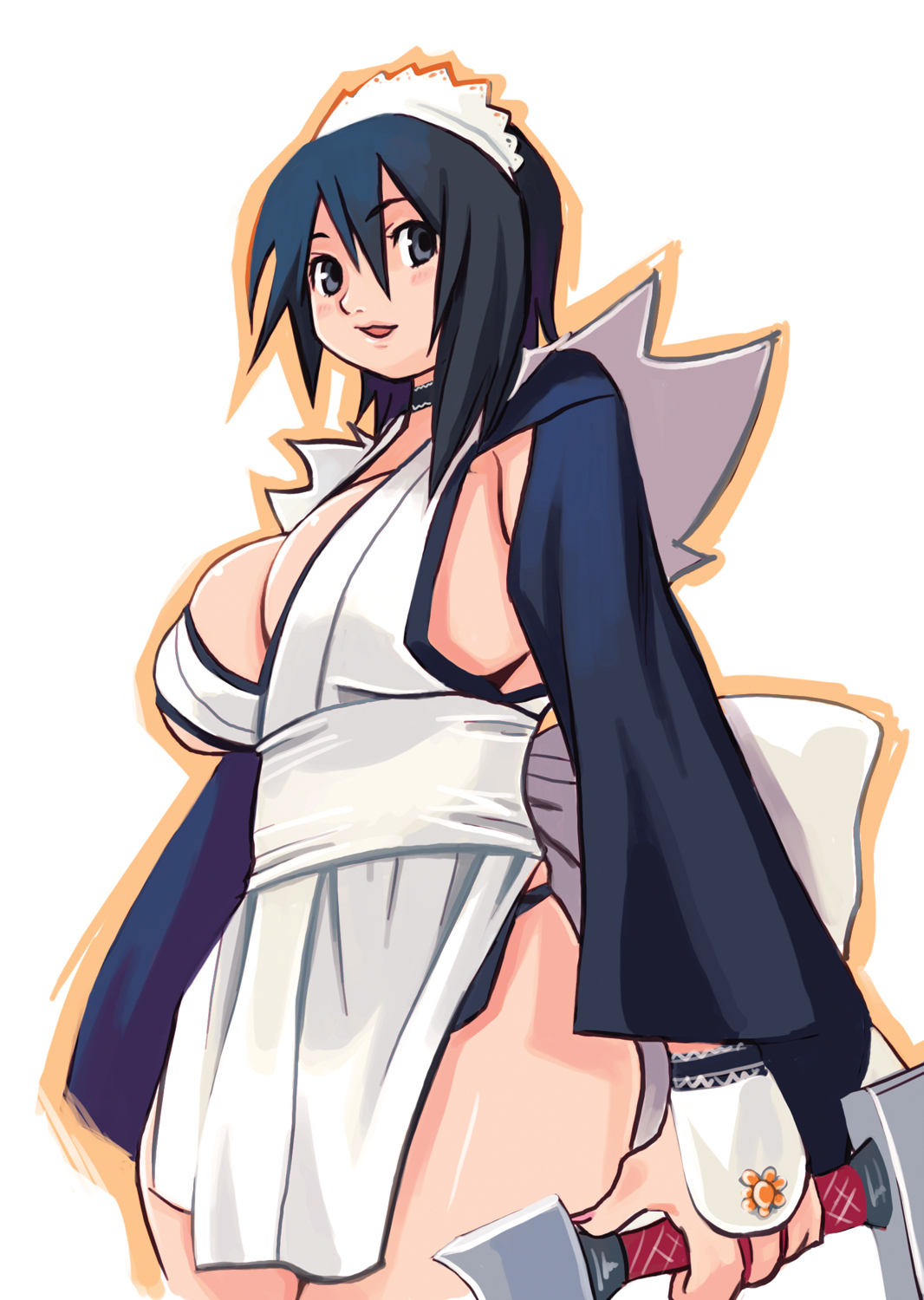 ryoji (nomura ryouji), iroha (samurai spirits), samurai spirits, snk, highres, 1girl, black eyes, black hair, breasts, cowboy shot, female focus, headdress, large breasts, maid, simple background, solo, white background