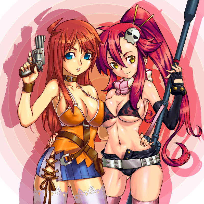sethxzoe, meg (bakuretsu tenshi), yoko littner, bakuretsu tenshi, tengen toppa gurren lagann, 00s, 2girls, anti-materiel rifle, asymmetrical docking, belt, bikini, bikini top only, blue eyes, bracelet, breast press, breasts, cleavage, collar, crossover, fingerless gloves, fingernails, gloves, gun, handgun, large breasts, long fingernails, long hair, multiple girls, open fly, ponytail, red hair, revolver, rifle, scarf, shadow, shiny skin, shorts, skindentation, skirt, sniper rifle, studded belt, studded bracelet, swimsuit, thighhighs, trigger discipline, underboob, unzipped, weapon, yellow eyes