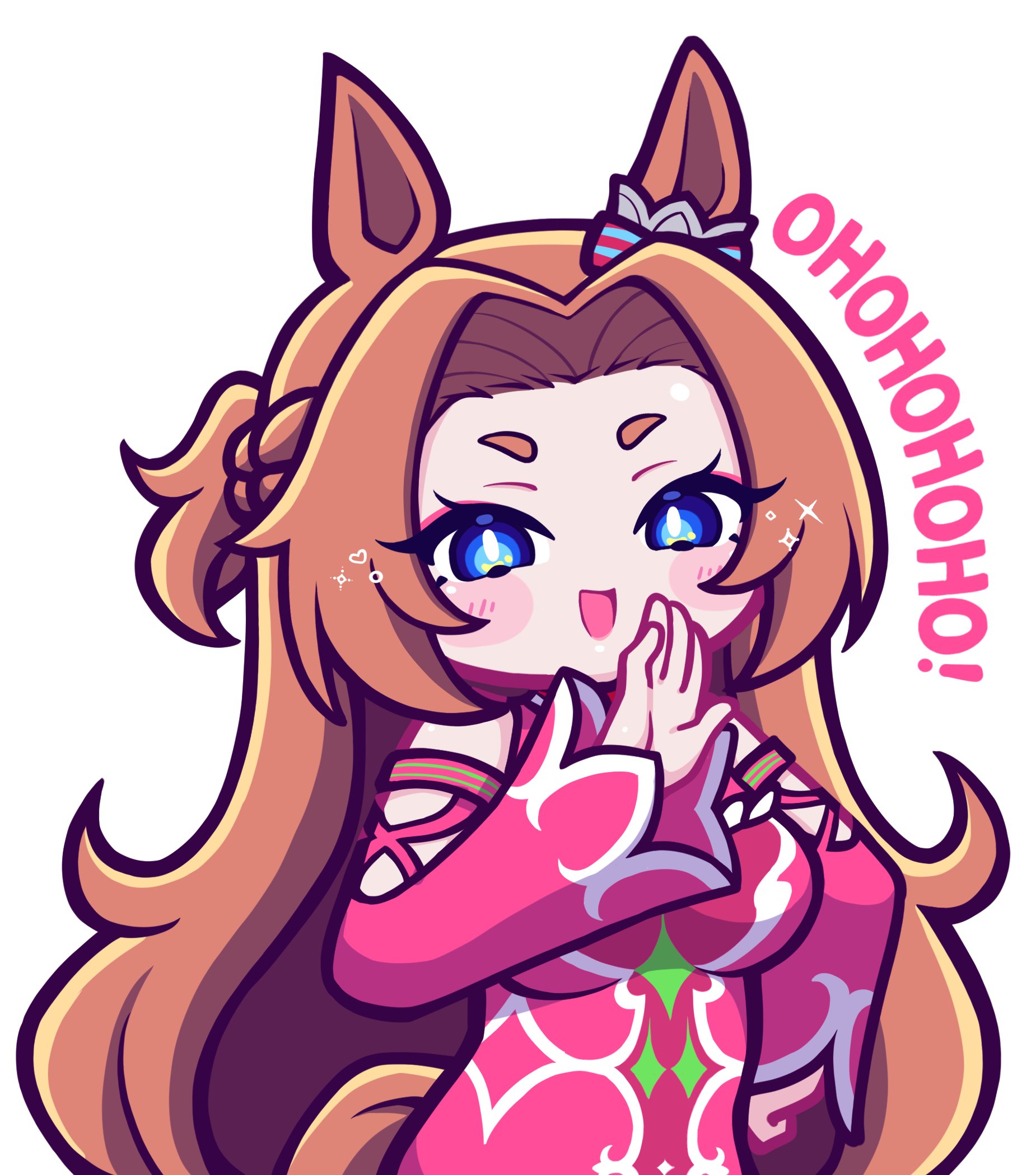 aya chan1221, kawakami princess (princess of pink) (umamusume), kawakami princess (umamusume), umamusume, commentary, commission, english commentary, highres, vgen commission, 1girl, animal ears, bare shoulders, blue eyes, blush, bow, braid, breasts, brown hair, curtained hair, detached sleeves, dress, ear bow, half up half down braid, horse ears, horse girl, horse tail, large breasts, laughing, long hair, looking at viewer, ojou-sama pose, open mouth, pink dress, pink sleeves, sleeveless, sleeveless dress, smile, solo, tail