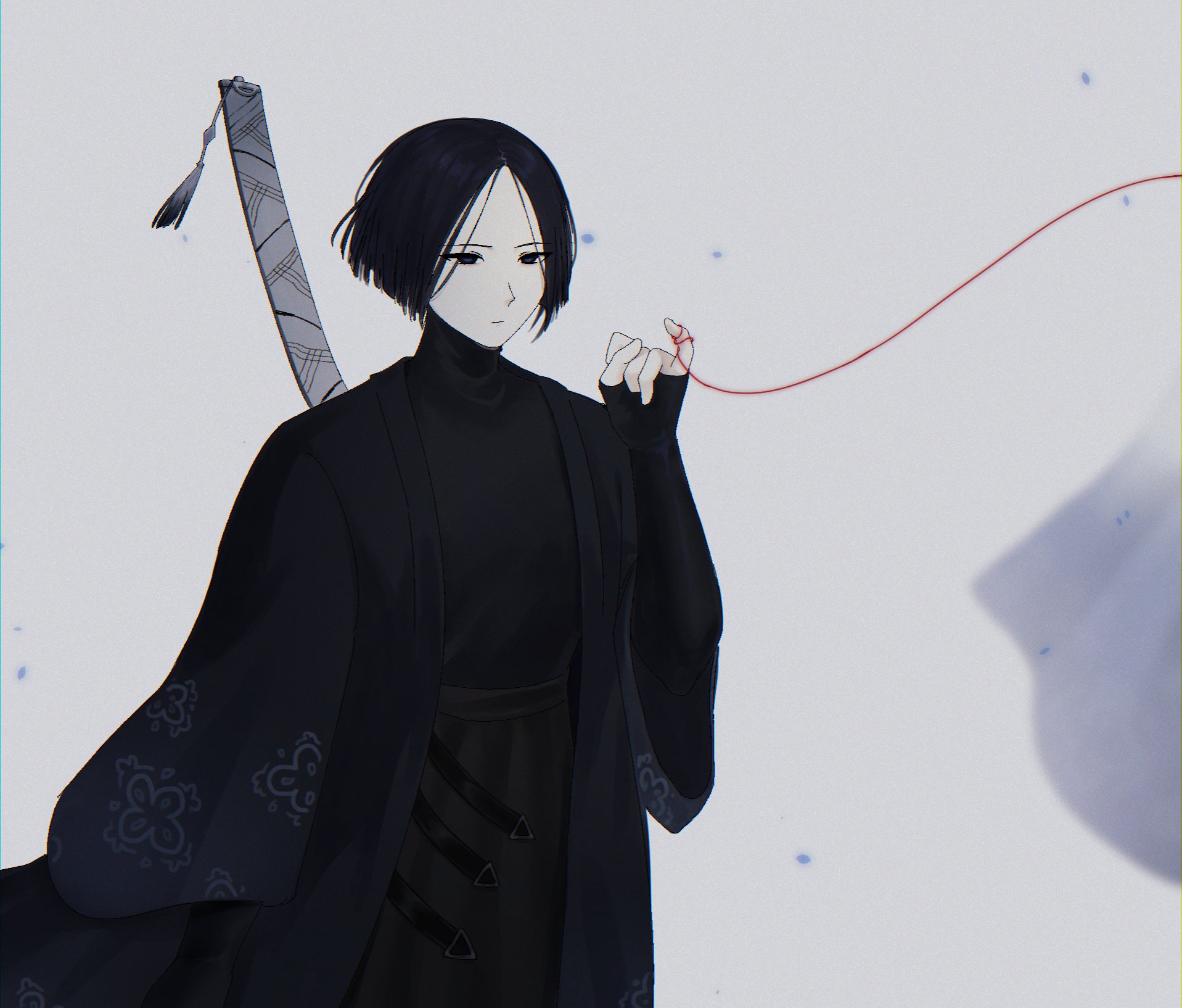 changshik, ren (project moon), limbus company, project moon, highres, 1boy, black eyes, black hair, blunt ends, bob cut, hakama, japanese clothes, long sleeves, looking at object, male focus, pinky out, solo, solo focus, string, string of fate, sword, sword on back, sword tassel, tassel, turtleneck, weapon, weapon on back