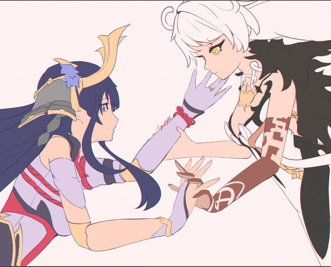 cinnie kinnie, asmoday (genshin impact), raiden shogun, raiden shogun (magatsu mitake narukami no mikoto), genshin impact, bad id, bad twitter id, unfinished, + +, 2girls, ahoge, armor, bare shoulders, black fur, blunt bangs, celtic knot, closed mouth, couple, detached collar, fake horns, from side, fur trim, hair between eyes, hair down, headpiece, holding another's arm, holding hands, horns, humanoid robot, japanese armor, joints, leaning forward, long hair, looking at another, looking down, looking up, mole, mole under eye, multiple girls, official alternate costume, pink background, purple eyes, purple hair, purple nails, robot, robot joints, sketch, upper body, wavy hair, white hair, yellow eyes, yuri