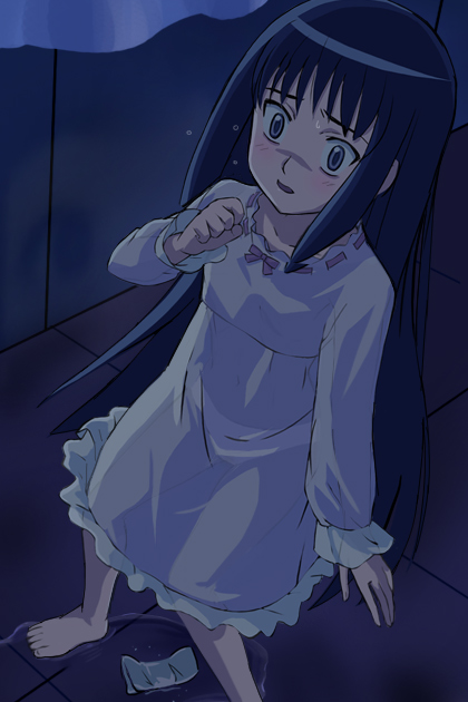 haruyama kazunori, sakuma reiko, kaidan restaurant, 00s, 1girl, barefoot, black eyes, black hair, blush, dark, female focus, loli, long hair, nightgown, pajamas, panties, pee, peeing, peeing self, scared, see-through clothes, solo, underwear, wet, wet clothes, wet panties