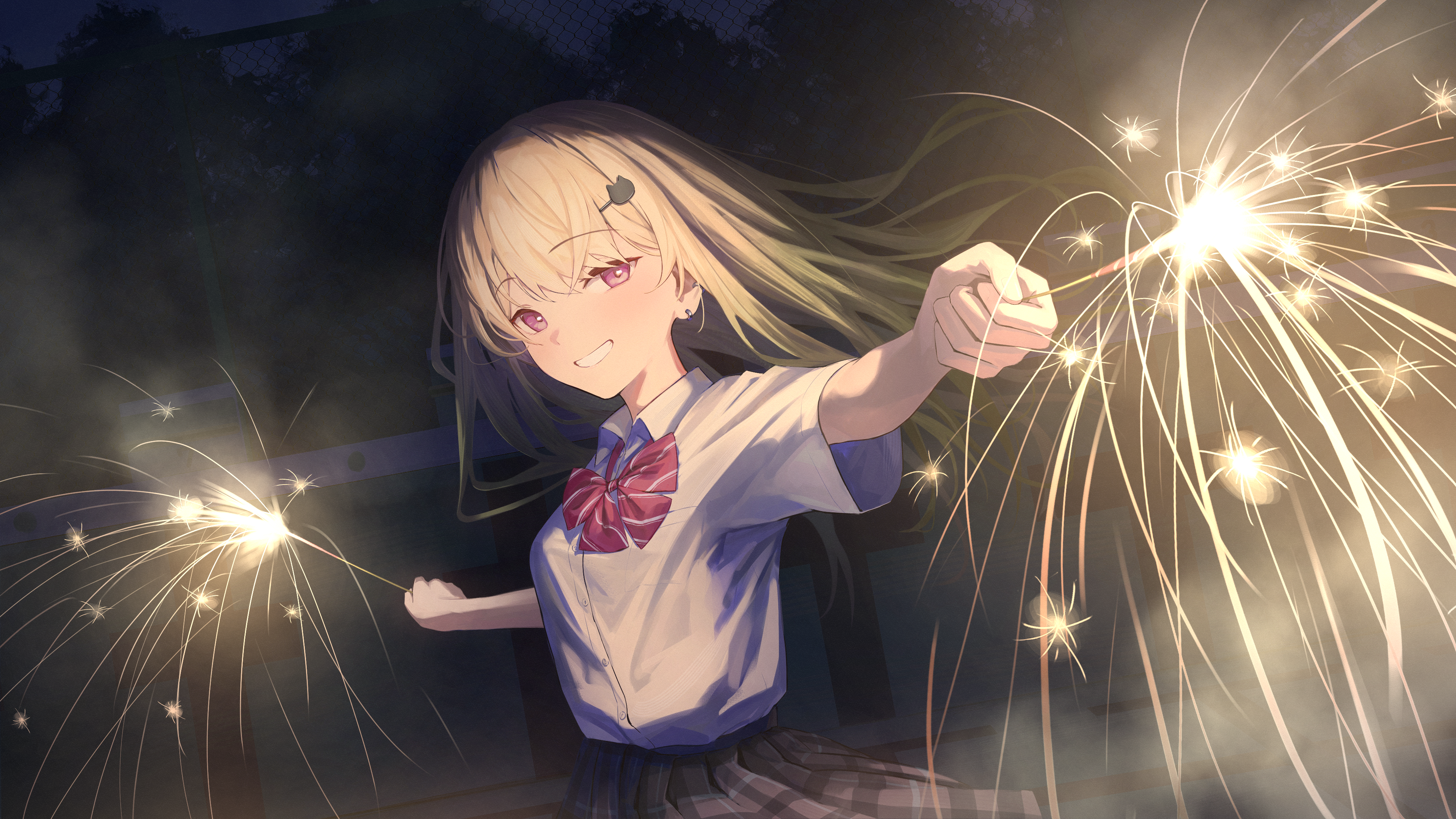 tokaki, original, absurdres, commentary request, highres, official art, 1girl, blonde hair, bow, collared shirt, ear piercing, fireworks, hair ornament, holding, long hair, piercing, red bow, scenery, school uniform, shirt, short sleeves, smile, solo, teeth