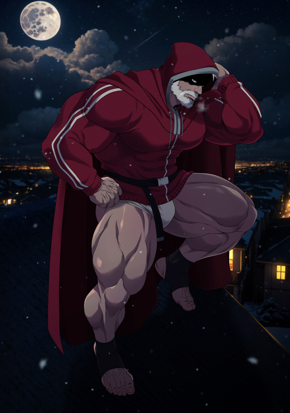 ryans, sanda (itagaki paru), ai-assisted, ai-generated background, highres, paid reward available, variant set, 1boy, bara, beard, briefs, connected beard, covered abs, covered pectorals, facial hair, full beard, full moon, hood, hood up, jacket, male focus, male underwear, mature male, moon, muscular, muscular male, night, old, old man, on roof, outdoors, pectorals, red jacket, santa claus (sanda), snowing, solo, thick arms, thick thighs, thighs, track jacket, underwear, white hair, white male underwear