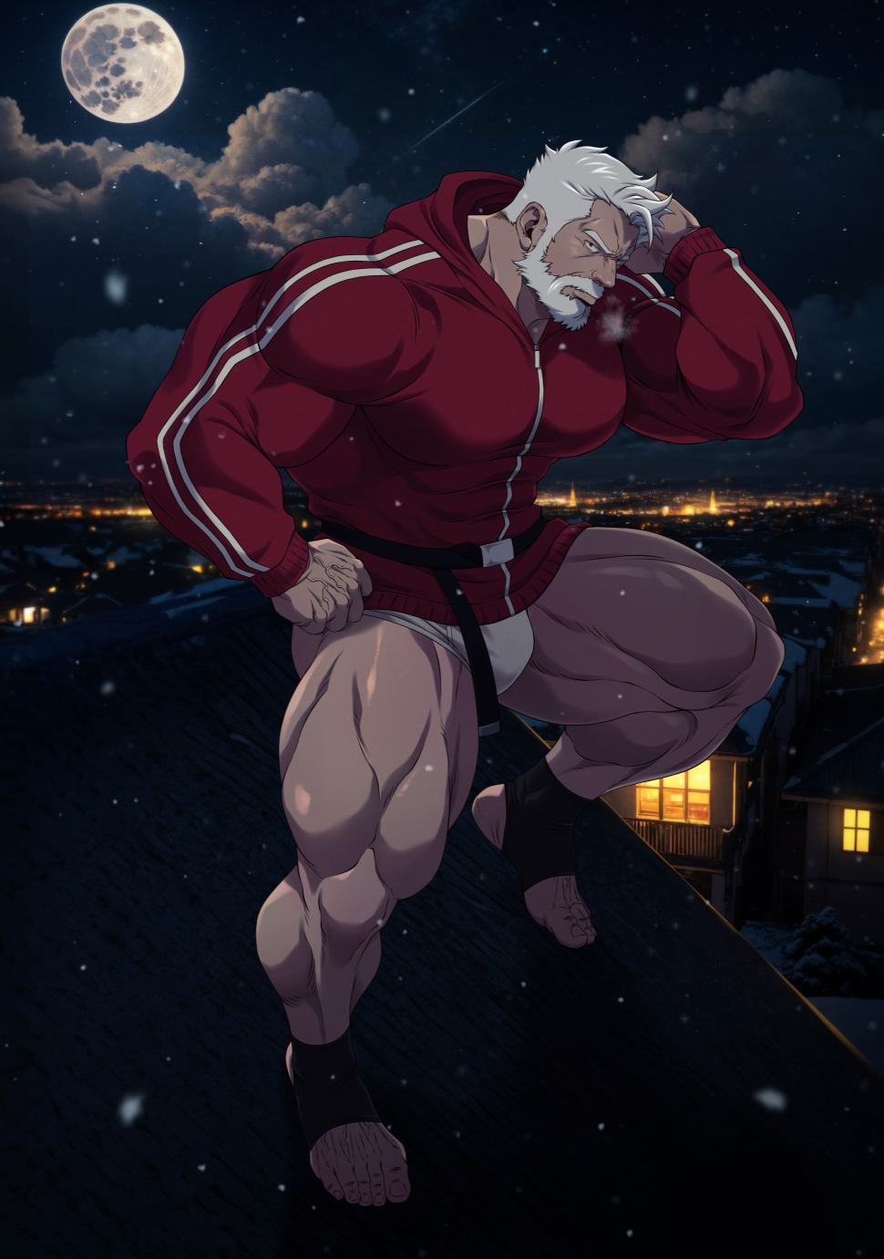 ryans, sanda (itagaki paru), ai-assisted, ai-generated background, highres, paid reward available, variant set, 1boy, bara, beard, briefs, connected beard, covered abs, covered pectorals, facial hair, full beard, full moon, hood, hood down, hooded track jacket, jacket, male focus, male underwear, mature male, moon, muscular, muscular male, night, old, old man, on roof, outdoors, pectorals, red jacket, santa claus (sanda), short hair, snowing, solo, thick arms, thick thighs, thighs, track jacket, underwear, white hair, white male underwear