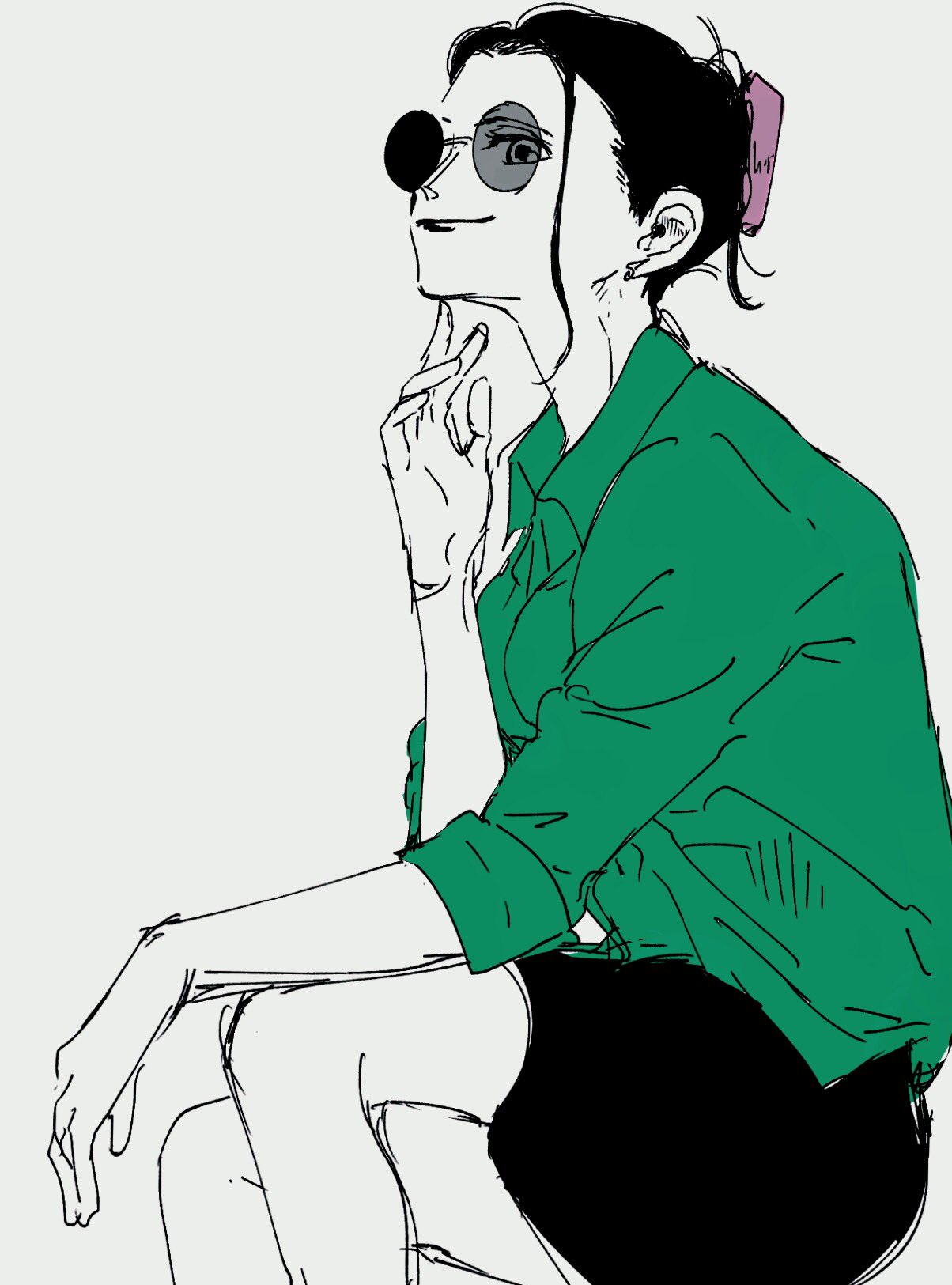 hebi d hebi, nico robin, one piece, commentary, highres, 1girl, black hair, closed mouth, collared shirt, crossed legs, green shirt, hair bun, profile, round eyewear, shirt, simple background, smile, solo, sunglasses, white background