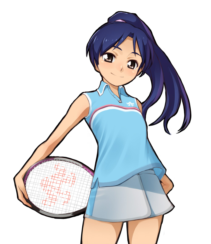 sanhon, kisaragi chihaya, idolmaster, idolmaster (classic), bad id, bad pixiv id, arms behind back, bare shoulders, blue hair, brown eyes, long hair, ponytail, racket, shirt, skirt, sleeveless, sleeveless shirt, smile, sportswear, tennis, tennis racket, tennis uniform