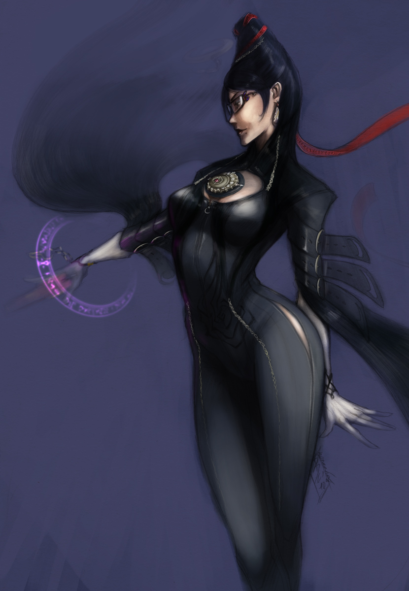 diana da costa, bayonetta, bayonetta (series), bayonetta 1, highres, 1girl, black hair, bodysuit, cleavage cutout, clothing cutout, earrings, elbow gloves, female focus, glasses, gloves, gun, handgun, jewelry, lipstick, long hair, makeup, mole, mole under mouth, solo, very long hair, weapon