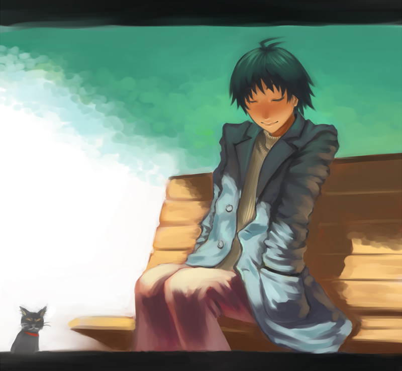 doi tabasuko, kikuchi makoto, idolmaster, idolmaster (classic), 1girl, androgynous, antenna hair, bench, black hair, cat, closed eyes, coat, female focus, hands in pockets, jacket, letterboxed, overcoat, oversized clothes, reverse trap, short hair, sitting, smile, solo, turtleneck