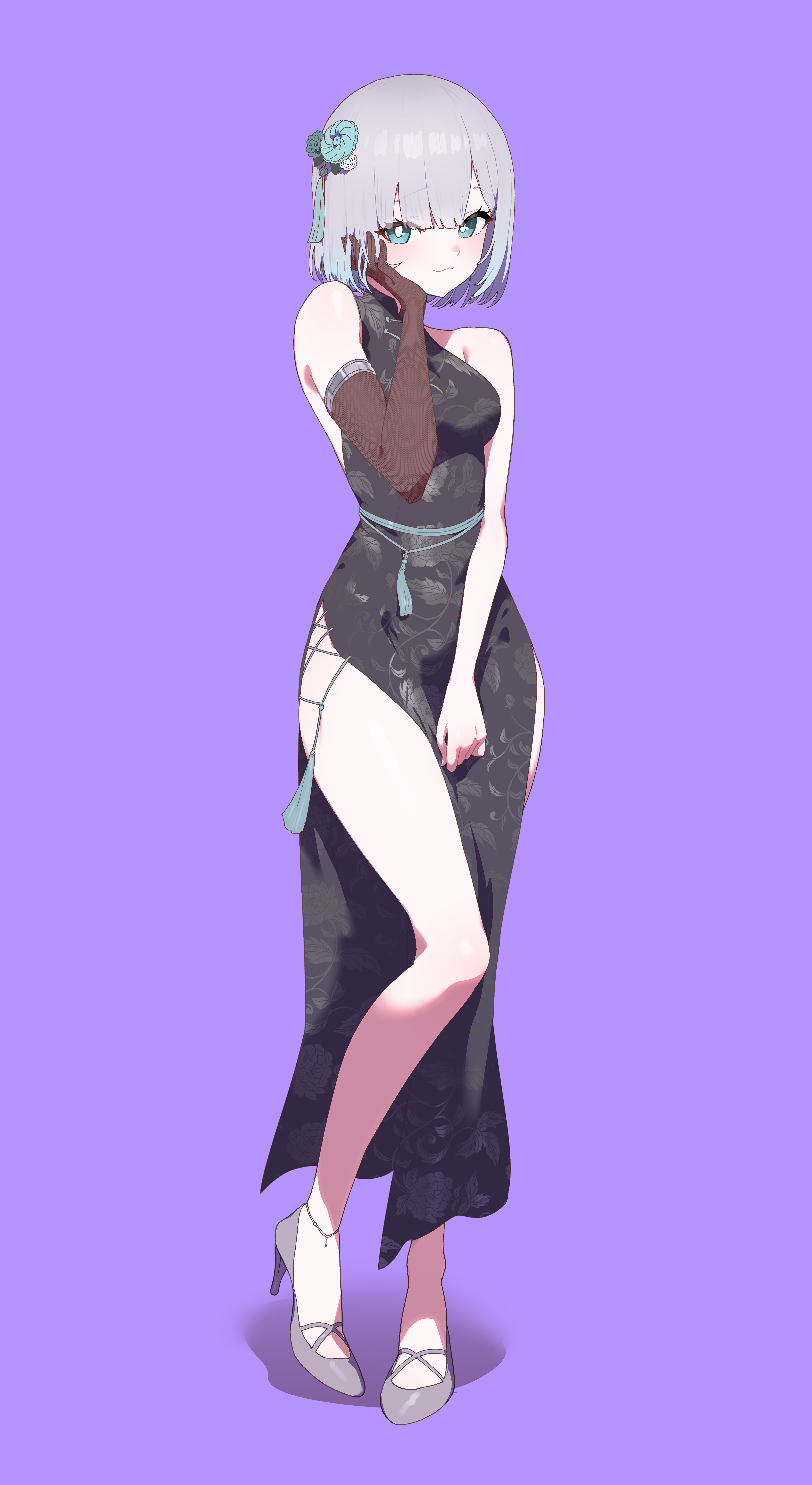 niboshidrip, kaga sumire, vspo!, absurdres, highres, 1girl, :3, alternate costume, anklet, bare shoulders, black dress, china dress, chinese clothes, dress, elbow gloves, floral print, full body, gloves, gradient hair, green eyes, grey hair, grey shoes, hair ornament, hand on own cheek, hand on own face, high heels, jewelry, long dress, looking at viewer, medium hair, multicolored hair, parted bangs, purple background, shoes, simple background, single elbow glove, sleeveless, sleeveless dress, solo, tassel, tassel hair ornament, thighs, virtual youtuber