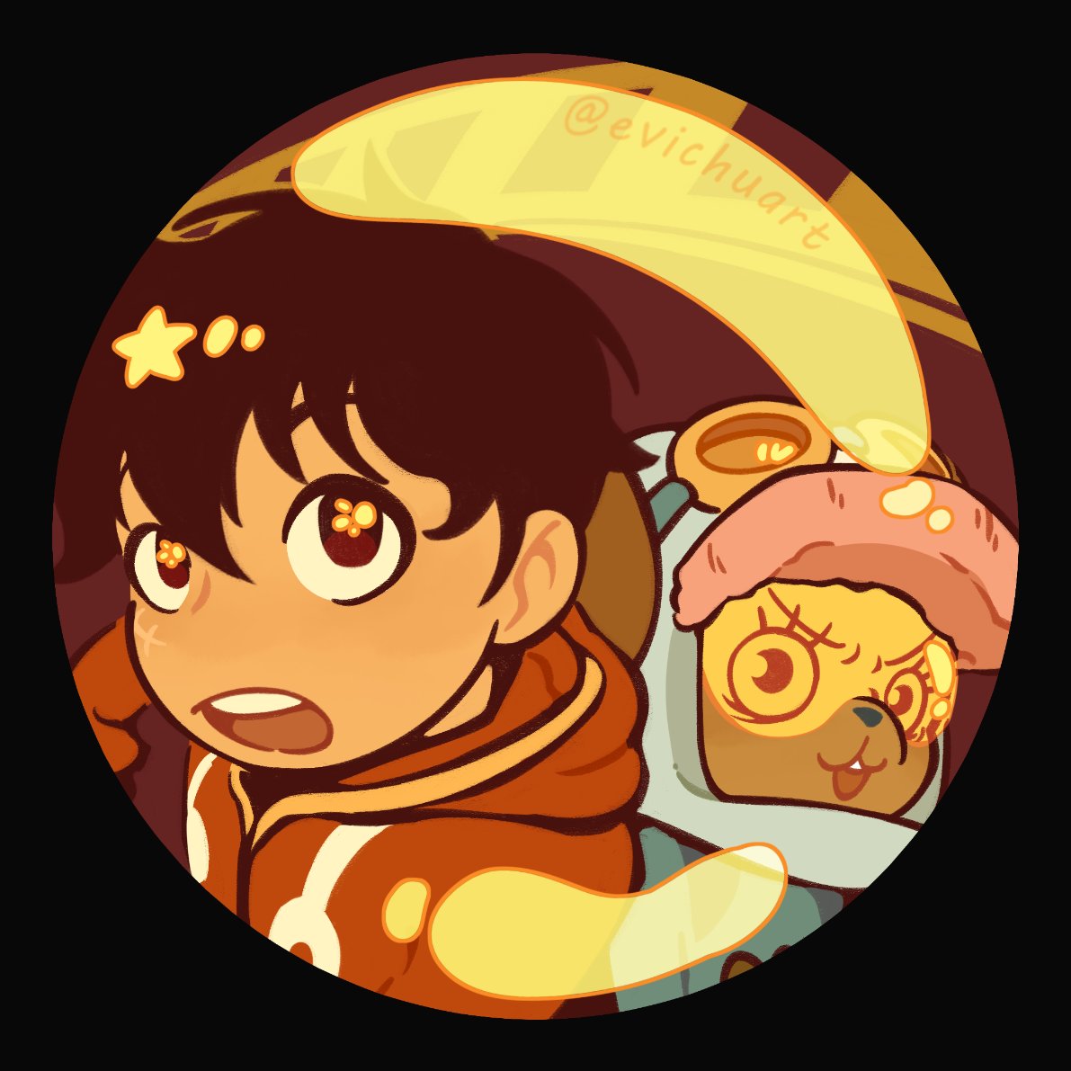 evichuart, monkey d. luffy, tony tony chopper, one piece, commentary, english commentary, 2boys, black border, black hair, border, coat, eyelashes, hat, hood, hooded coat, male focus, multiple boys, pink hat, red coat, short hair, teeth, twitter username, upper teeth only