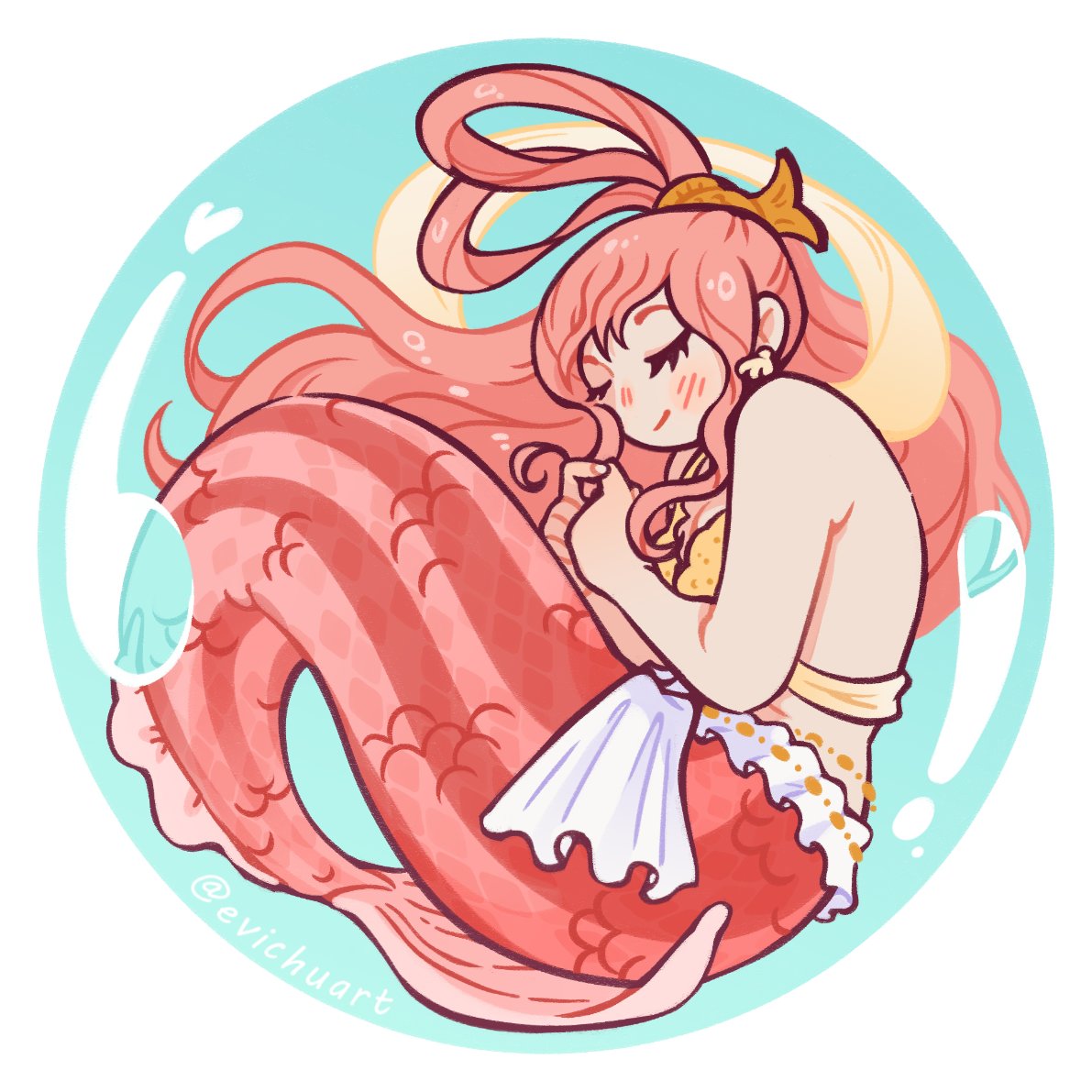 evichuart, shirahoshi, one piece, commentary, 1girl, bikini, blush, closed eyes, curled up, earrings, eyelashes, hagoromo, half updo, jewelry, mermaid, monster girl, pink hair, shawl, shell, shell earrings, sidelocks, solo, swimsuit, twitter username, yellow bikini