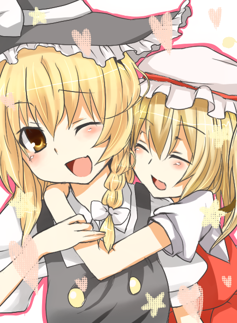 suzuho, flandre scarlet, kirisame marisa, touhou, bad id, bad pixiv id, 2girls, blonde hair, blush, braid, female focus, hat, heart, hug, hug from behind, multiple girls, ribbon, side ponytail, star (symbol), witch, witch hat, yellow eyes