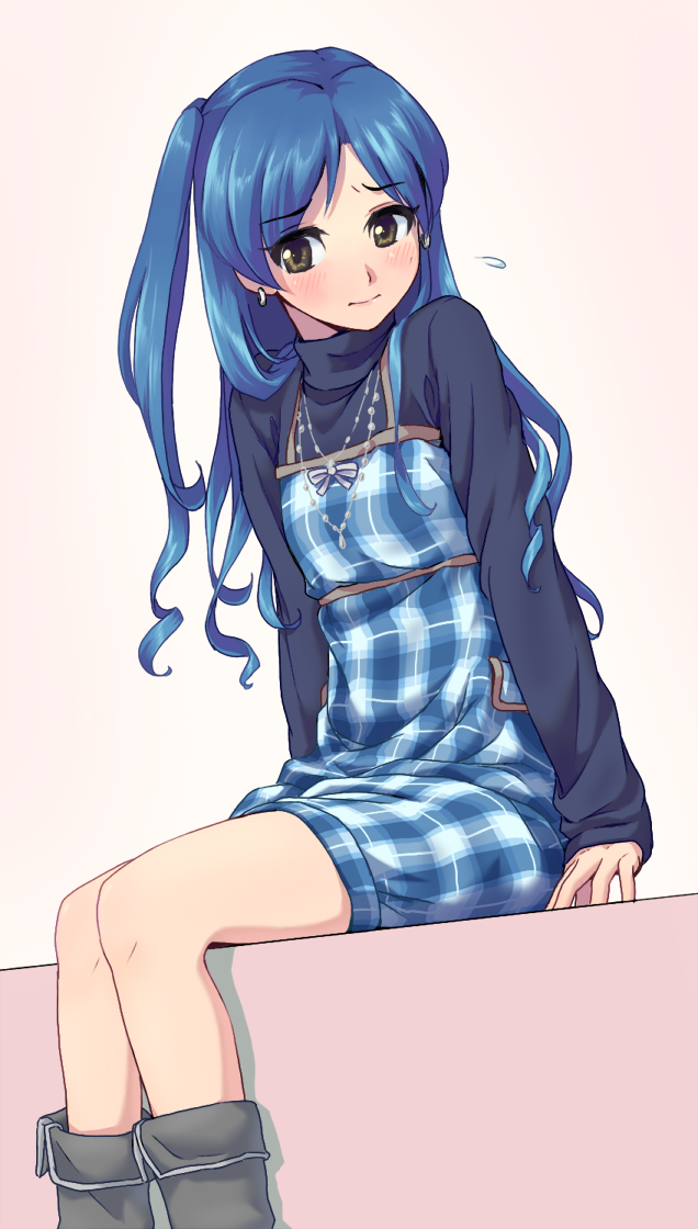 aouma, aouma (pixiv), hakkaku shikimi, kisaragi chihaya, idolmaster, idolmaster (classic), plaid, colorized, 1girl, alternate hairstyle, blue hair, blush, boots, dress, earrings, female focus, jewelry, long hair, long sleeves, one side up, ringlets, sitting, solo, yellow eyes