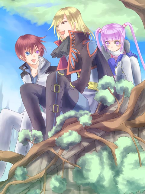 miyama kiri, asbel lhant, richard (tales), sophie (tales), tales of (series), tales of graces, bad id, bad pixiv id, 1girl, 2boys, blonde hair, blue eyes, brown hair, heterochromia, multiple boys, purple eyes, purple hair, sitting, twintails, yellow eyes