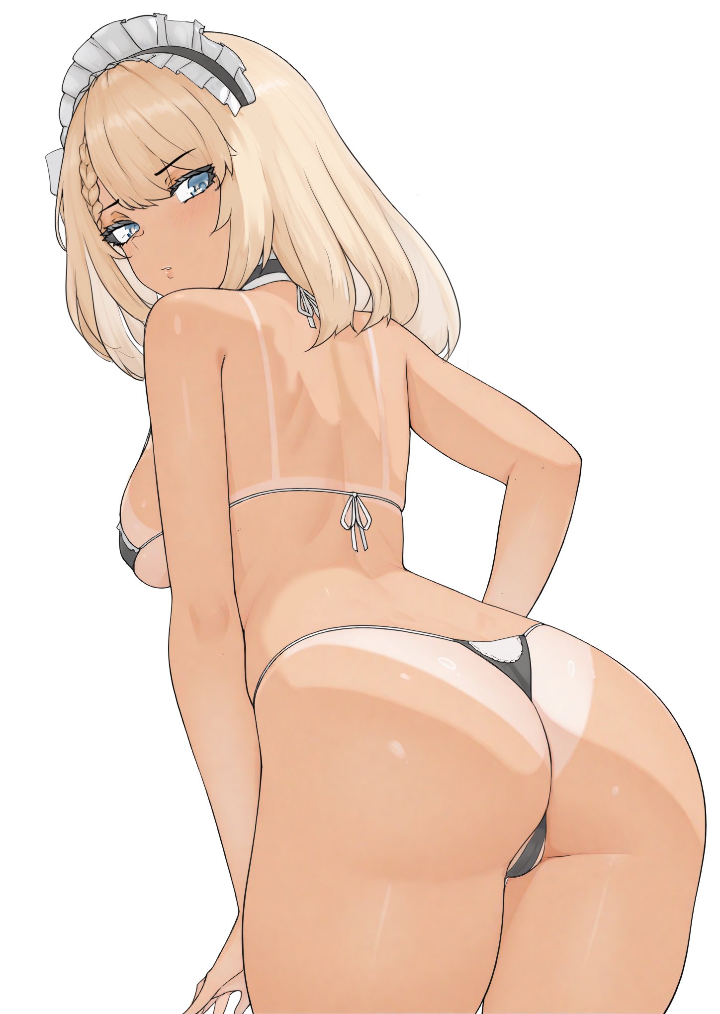 gd146, centaureissi (girls' frontline 2), g36 (girls' frontline), girls' frontline, girls' frontline 2: exilium, commentary, english commentary, highres, 1girl, ass, back, bare arms, bare legs, bare shoulders, bikini, black choker, blonde hair, blue eyes, breasts, cameltoe, choker, from behind, large breasts, leaning forward, maid, maid bikini, maid headdress, parted lips, sideboob, simple background, skindentation, solo, swimsuit, tan, tanline, thong, thong bikini, unconventional maid, white background