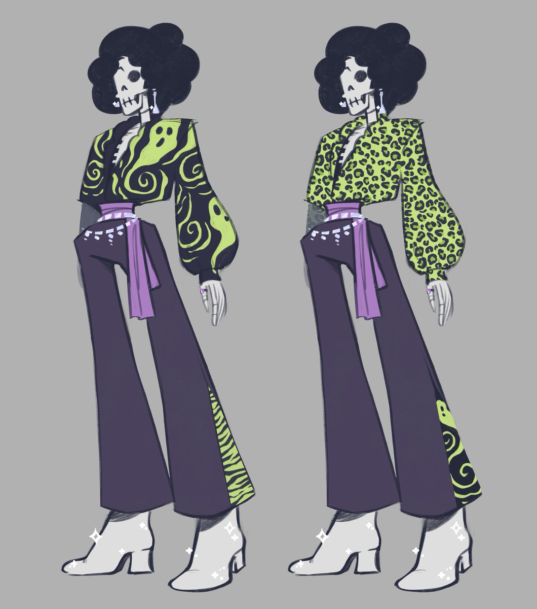 evichuart, brook (one piece), one piece, commentary, highres, 1boy, afro, black hair, boots, full body, grey background, high heels, male focus, purple sash, sash, simple background, skeleton, solo, white boots