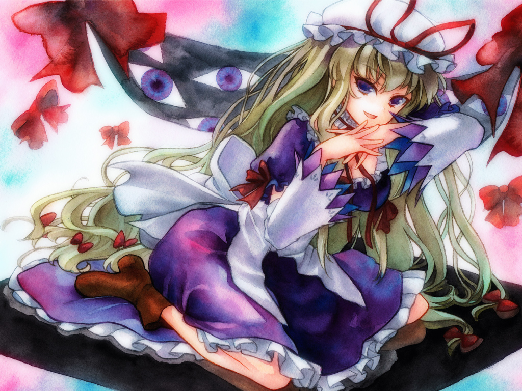 geroro, yakumo yukari, touhou, bad id, bad pixiv id, painting (medium), traditional media, watercolor (medium), 1girl, blonde hair, female focus, gap (touhou), hat, long hair, purple eyes, solo