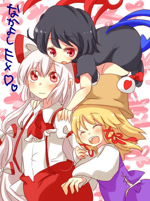 zawameki, fujiwara no mokou, houjuu nue, moriya suwako, touhou, translated, 3girls, black hair, blonde hair, female focus, hat, multiple girls, red eyes, white hair, yuri
