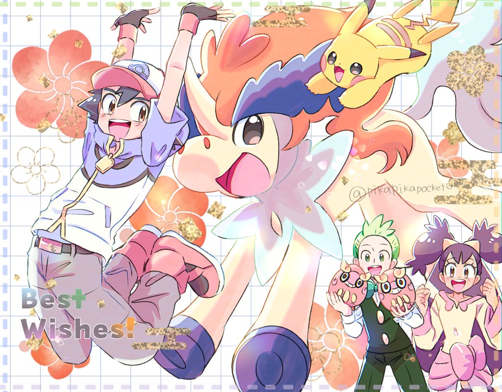 pika2pocket, ash ketchum, cilan (pokemon), darumaka, iris (pokemon), keldeo, keldeo (ordinary), pikachu, nintendo, pokemon, pokemon (anime), pokemon bw (anime), commentary request, 1girl, 2boys, black hair, blush, bow, bowtie, brown eyes, clenched hands, confetti, flower, gen 1 pokemon, gen 5 pokemon, green eyes, green hair, hair ornament, happy, hat, holding, jacket, legendary pokemon, long hair, multiple boys, mythical pokemon, open mouth, pokemon (creature), purple hair, smile, twintails, twitter username, very long hair, vest