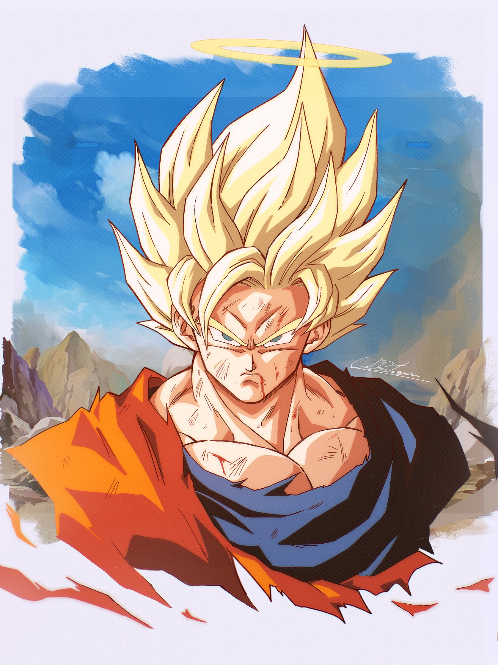 catdestroyer, son goku, dragon ball, dragonball z, highres, 1boy, battle damage, blonde hair, blue shirt, green eyes, halo, male focus, muscular, muscular male, orange shirt, shirt, solo, torn clothes, torn shirt, yellow halo