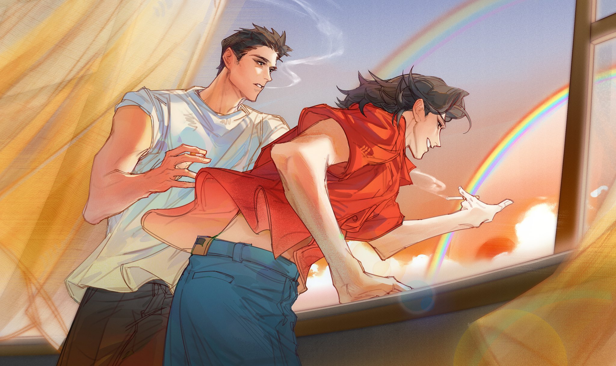 kiryu kazuma, nishikiyama akira, ryuu ga gotoku (series), ryuu ga gotoku 0, highres, 2boys, black hair, cigarette, curtains, holding, holding cigarette, looking outside, male focus, multiple boys, nibbles488402, rainbow, shirt, shirt slip, t-shirt, waving, window