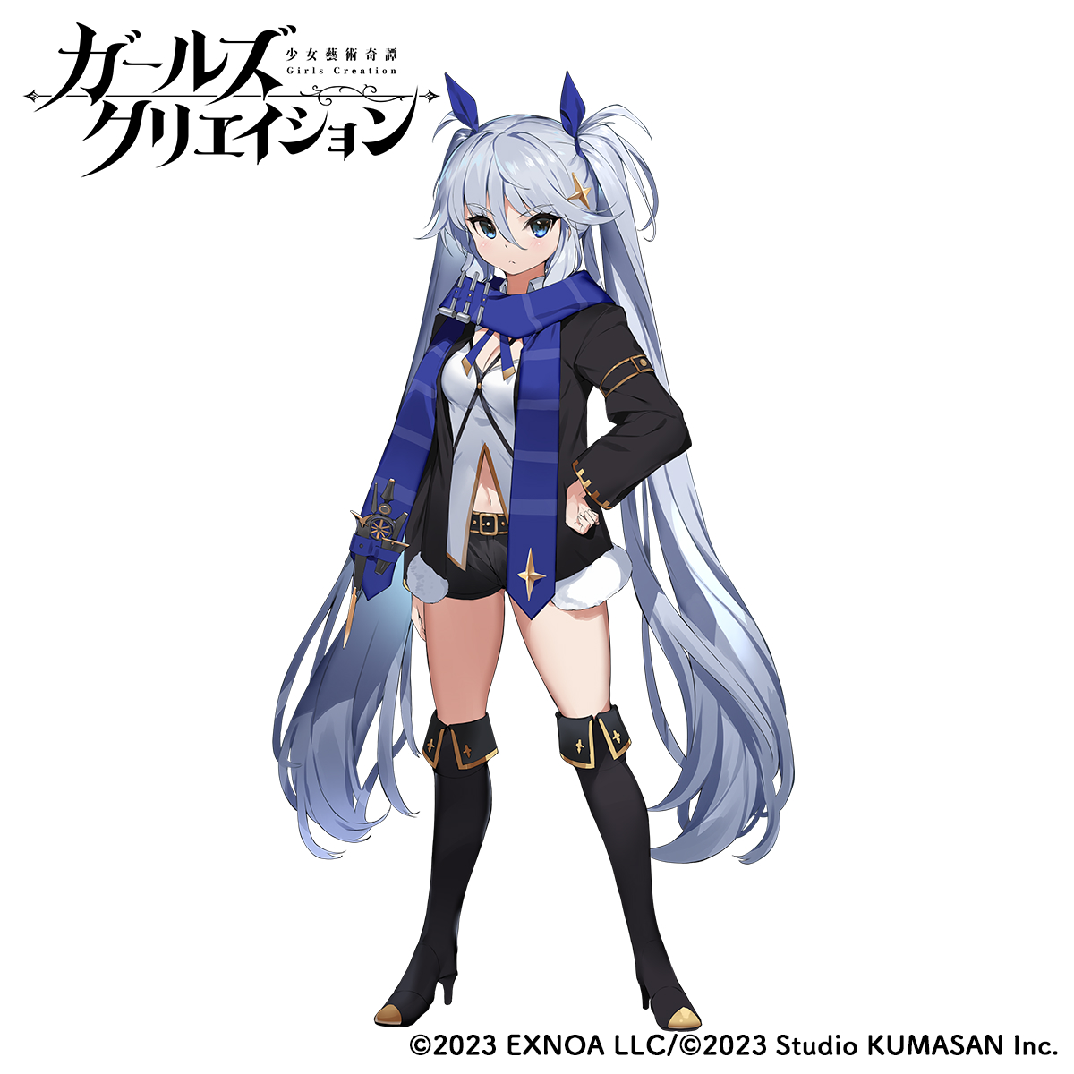 nauribon, michelangelo (girls creation), girls creation, commentary request, highres, official art, 1girl, black boots, black jacket, blue eyes, blue hair, blue ribbon, blue scarf, boots, breasts, cleavage, closed mouth, clothing cutout, copyright logo, copyright name, copyright notice, full body, hair between eyes, hand on own hip, jacket, knee boots, logo, long hair, long sleeves, looking at viewer, medium breasts, navel, navel cutout, open clothes, open jacket, ribbon, scarf, shirt, short shorts, shorts, simple background, solo, standing, tachi-e, thighs, tsurime, twintails, very long hair, white background, white shirt