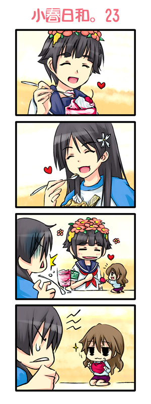 piku, kiyama harumi, saten ruiko, uiharu kazari, toaru kagaku no railgun, toaru majutsu no index, long image, tall image, 3girls, 4koma, :3, angry, black eyes, black hair, brown hair, chibi, closed eyes, comic, eating, flower, food, hair flower, hair ornament, head wreath, heart, jealous, multiple girls, no legwear, parfait, silent comic, skirt, spoon, tears, v