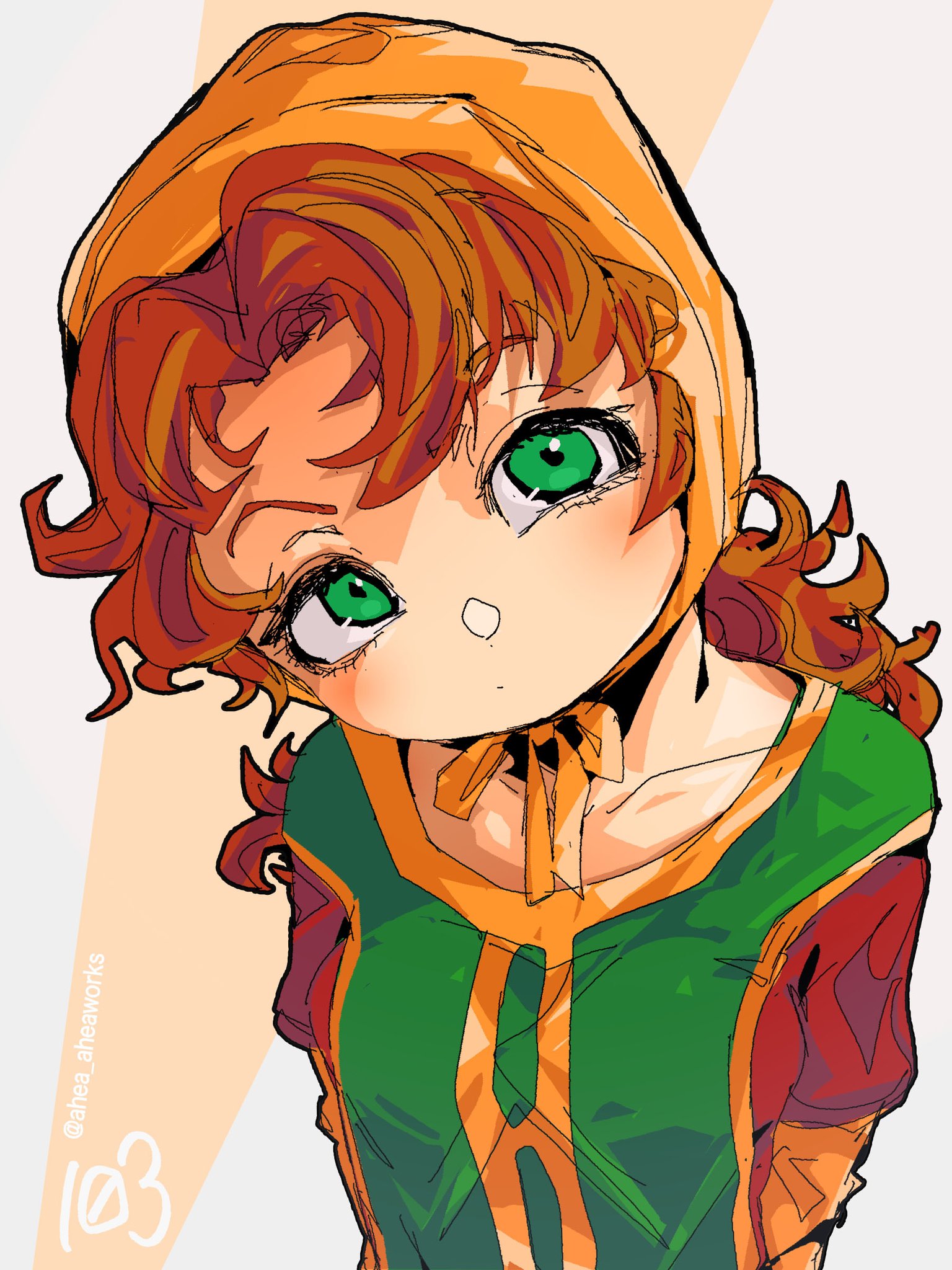 ahea aheaworks, maribel (dq7), dragon quest, dragon quest vii, commentary request, highres, 1girl, closed mouth, curly hair, dress, green eyes, hood, long hair, looking at viewer, orange hair, simple background, solo