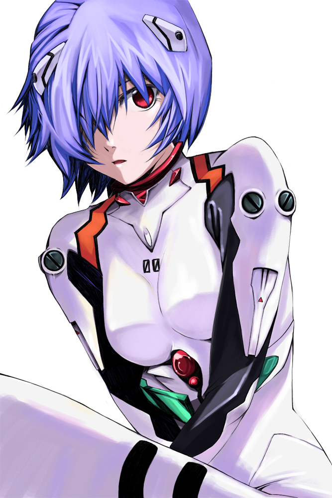 kuro (1968), kuro (artist), ayanami rei, neon genesis evangelion, bad id, bad pixiv id, 1girl, blue hair, female focus, hair over one eye, mecha pilot suit, plugsuit (evangelion), red eyes, short hair, solo