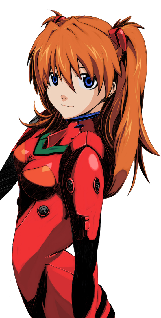 kuro (1968), kuro (artist), souryuu asuka langley, neon genesis evangelion, bad id, bad pixiv id, 1girl, arched back, blue eyes, brown hair, cowboy shot, female focus, from side, hair between eyes, long hair, mecha pilot suit, plugsuit (evangelion), simple background, solo, standing, two side up, white background