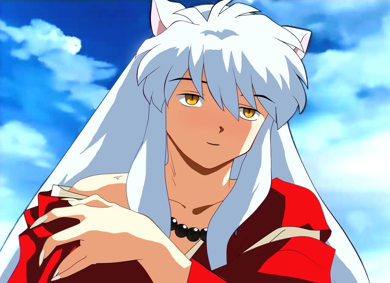 inuyasha (character), inuyasha, anime screenshot, derivative work, vector trace, 1boy, animal ears, blush, dog ears, male focus, outdoors, sky, solo, undressing