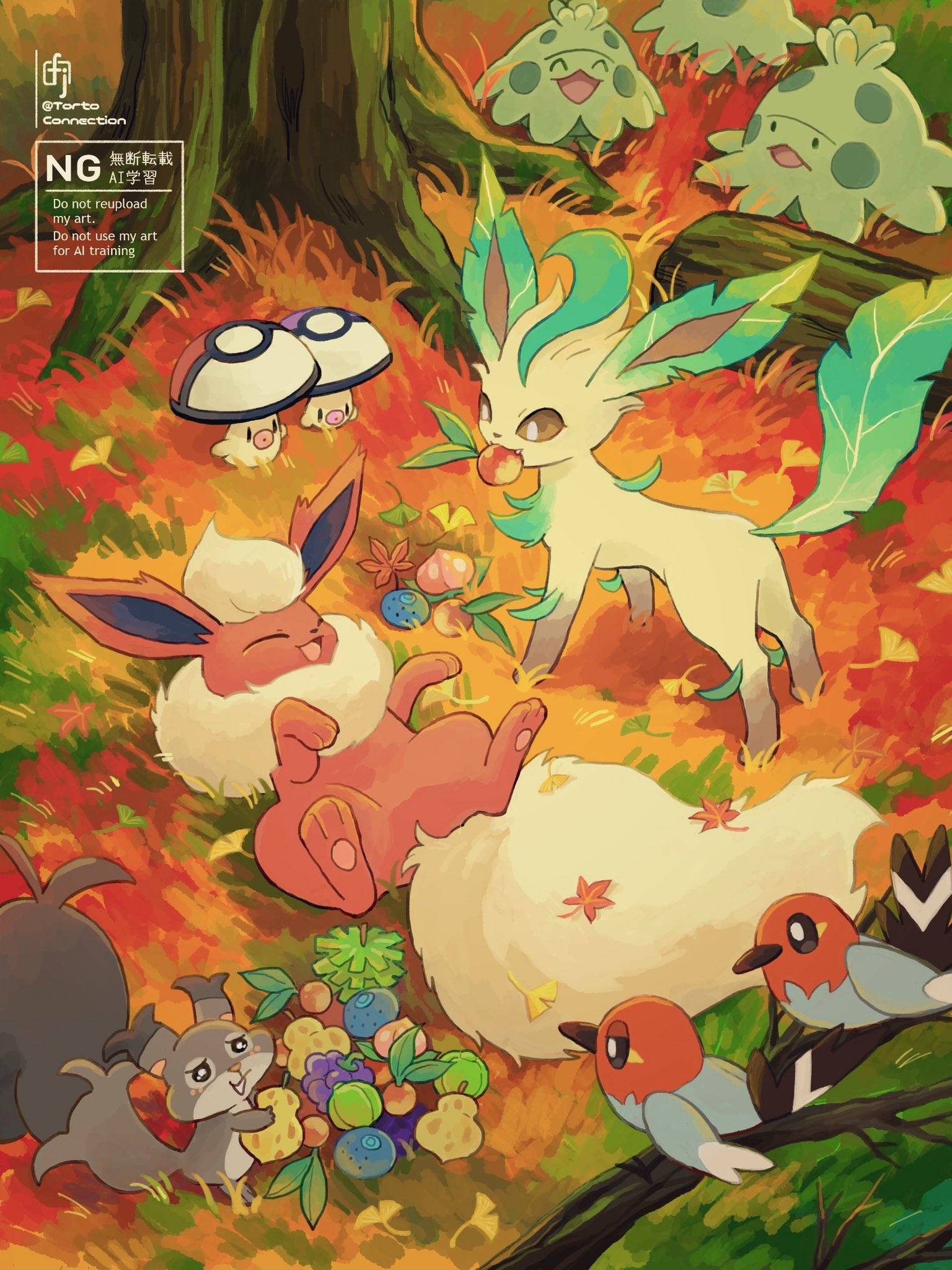 chikafuji, flareon, fletchling, foongus, leafeon, shroomish, skwovet, nintendo, pokemon, commentary request, highres, autumn, autumn leaves, berry (pokemon), bird, black eyes, bluk berry, branch, bright pupils, brown eyes, durin berry, gen 1 pokemon, gen 3 pokemon, gen 4 pokemon, gen 5 pokemon, gen 6 pokemon, gen 8 pokemon, holding, leaf, leppa berry, log, lum berry, lying, no humans, oran berry, outdoors, pecha berry, pokemon (creature), sitrus berry, smile, squirrel, standing, tree, white pupils