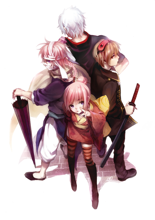 shell (shell518), kagura (gintama), kamui, kamui (gintama), okita sougo, sakata gintoki, gintama, 1girl, 3boys, braid, brown hair, chinese clothes, closed umbrella, japanese clothes, katana, kimono, multiple boys, oil-paper umbrella, pink hair, planted, planted umbrella, purple eyes, red eyes, single braid, sword, umbrella, weapon, white hair, yukata