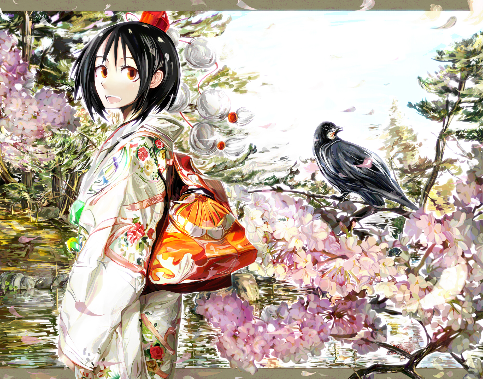 kuro kichi, shameimaru aya, m.u.g.e.n, touhou, bad id, bad pixiv id, highres, 1girl, bird, black hair, cherry blossoms, crow, female focus, hat, japanese clothes, looking at viewer, open mouth, short hair, smile, solo, tokin hat